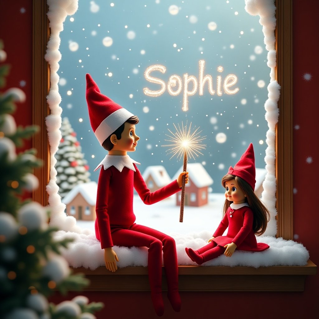 An elf on a shelf is depicted at the North Pole. The elf, dressed in a bright red outfit with a pointed hat, holds a sparkling wand. With this wand, the elf writes the name 'Sophie' on the snowy window. In the backdrop, a picturesque snowy landscape features quaint little houses. Seated alongside the elf is an American Girl doll, adding to the whimsy of the setting. This scene beautifully captures the spirit of childhood magic during the Christmas season.