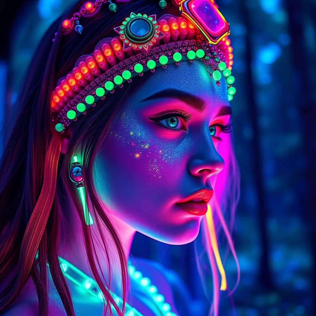 A vibrant portrait of a woman bathed in glowing neon colors.