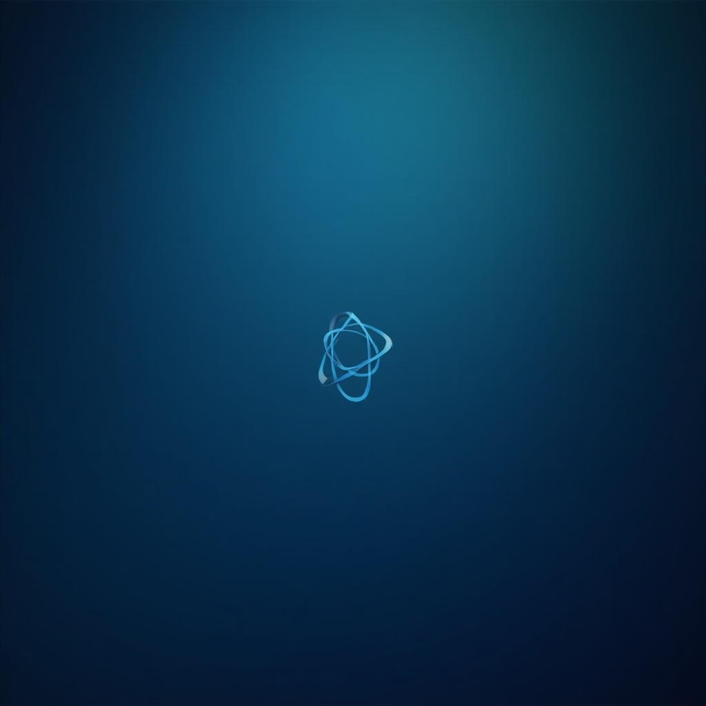 This image features a gradient background transitioning from dark blue to light blue. In the center, there is a simple illustration representing connecting atoms. The overall design is minimalistic and modern. The atoms are depicted with thin lines, emphasizing the concept of connection. This abstract style conveys a sense of science and technology, making it suitable for various applications.