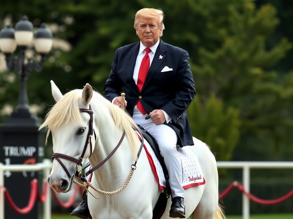 A man dressed in a formal suit rides a white horse in an outdoor setting.