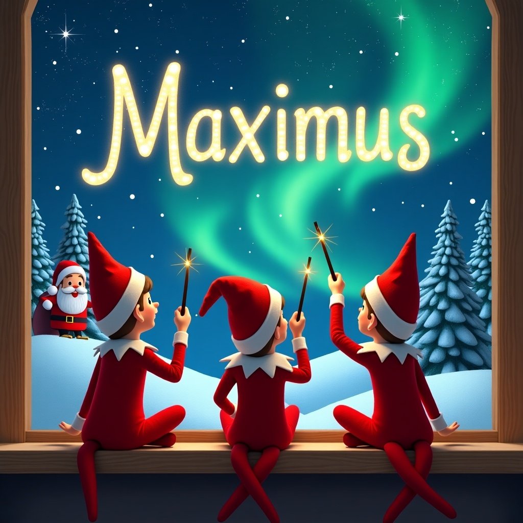 This image features three elves on the shelf, all facing away from the viewer. They are dressed in red and white, sitting by a window. Each elf is holding a wand, writing the name 'Maximus' in the sky above. Behind the elves, the night sky is illuminated with vibrant northern lights. In the background, we see Santa Claus, also using a wand to elegantly write the names 'Makenzie,' 'Alivia,' and 'Mason' in the magical atmosphere. This whimsical and festive scene captures the essence of Christmas magic.