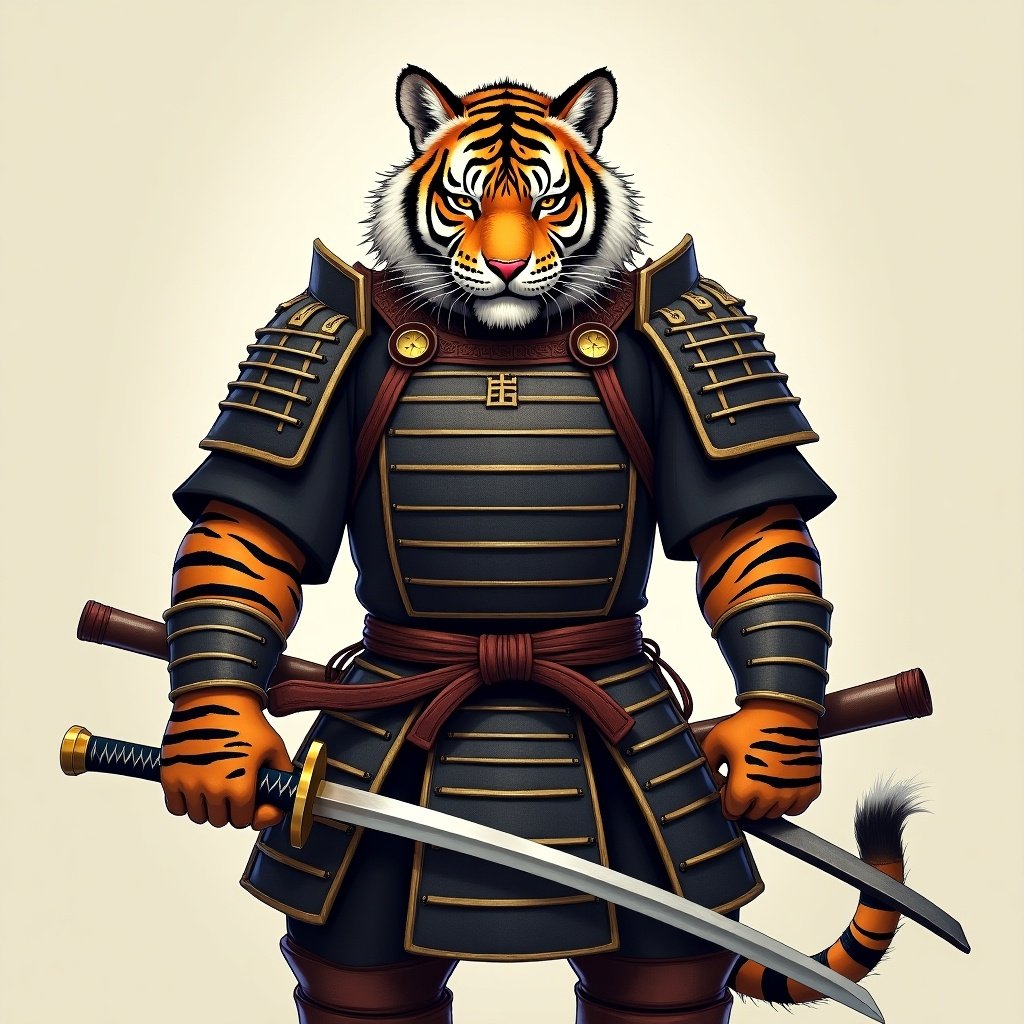 The image depicts a powerful and imposing anthropomorphic tiger dressed in traditional samurai armor. The tiger stands confidently, holding a katana in one hand, ready for battle. The intricate details of the armor and the tiger's intense expression evoke a sense of strength and bravery. The vibrant colors of the tiger's fur contrast with the dark armor, making it a visually striking character. This representation blends elements of Japanese culture with a fantastical twist, appealing to fans of fantasy and martial arts.