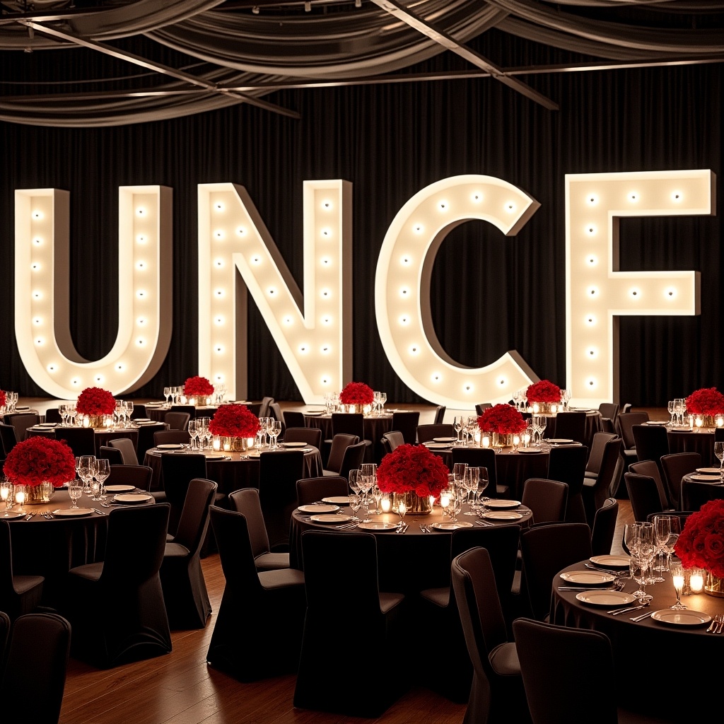 The image captures an elegant banquet room measuring 50,000 sqft, adorned with sophisticated black and white drapes. Walls feature black and white photographs of distinguished African American graduates, offering a tribute to their achievements. At the center, there are stunning 5ft illuminated letters spelling 'UNCF', casting a warm glow. Each table showcases exquisite centerpieces filled with vibrant red roses. The overall ambiance creates a celebratory atmosphere for a gala event or fundraiser, reflecting pride and elegance.