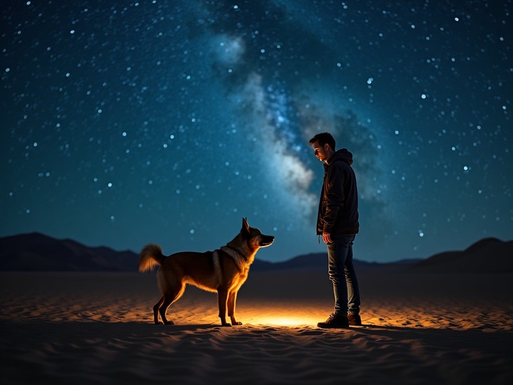 A person and a dog standing in a desert at night under a starry sky with the Milky Way visible.