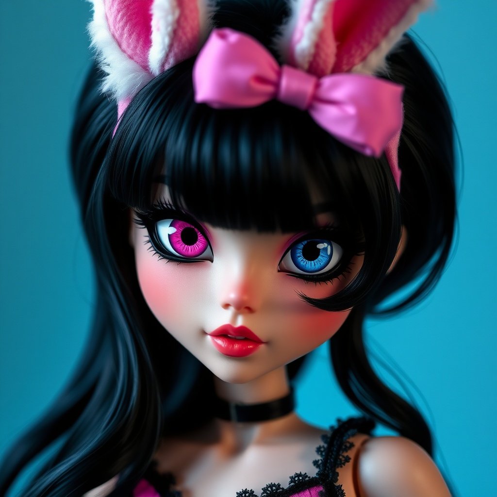 A digital art portrait of a character with heterochromia, featuring long black hair, fluffy bunny ears, and a pink bow. The background is a solid light blue.