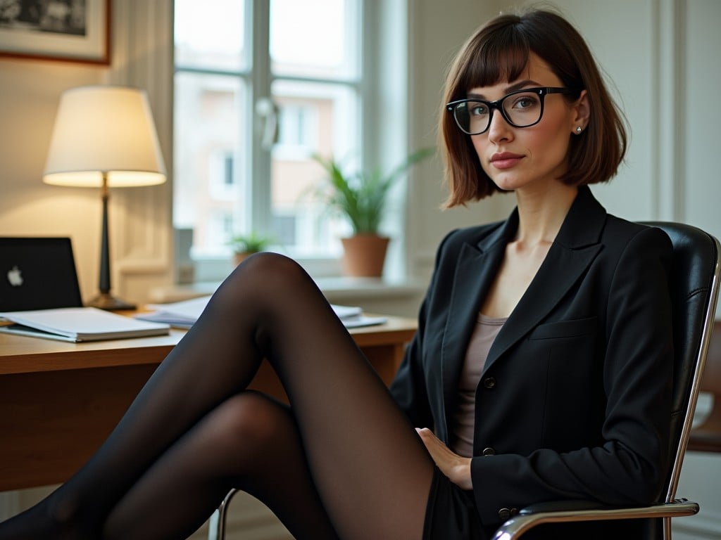 The image depicts a young woman sitting in an office setting, exuding a sense of sophistication and professionalism. Her attire is formal yet stylish, featuring a black blazer, and she wears glasses. The office environment is warmly lit with natural light streaming through the window, and a lamp adding a cozy touch. A plant and a closed laptop sit on the desk, completing the serene workspace.