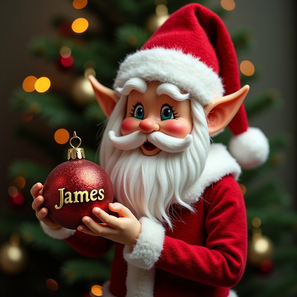 This image showcases a cheerful Christmas elf dressed in festive red and white attire. The elf has a joyful expression and is holding a shiny red Christmas bauble. The bauble is personalized with the name 'James' in gold lettering. A soft glow from the background lights adds to the holiday spirit. The setting includes a decorated Christmas tree, enhancing the overall festive atmosphere.