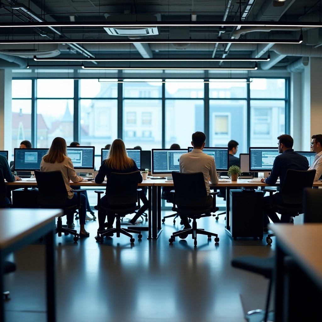 A modern IT company office setting is depicted. Rows of employees are focused on their computer screens, working diligently. The large windows let in ample natural light, creating a bright and inviting atmosphere. Each workstation is equipped with multiple screens, reflecting a high-tech environment. The overall ambiance suggests a collaborative and productive workspace.