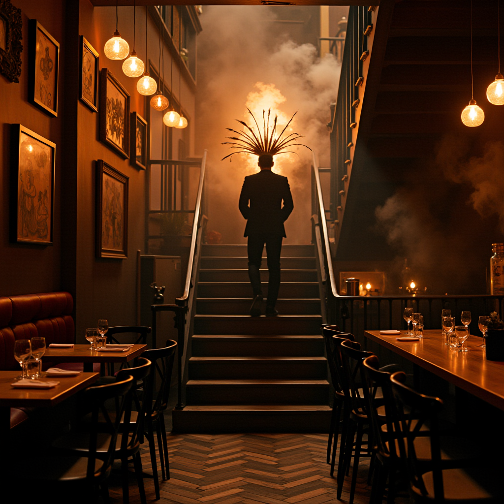 A person wearing a feathered headdress is walking up a staircase in a dimly lit restaurant filled with smoke.