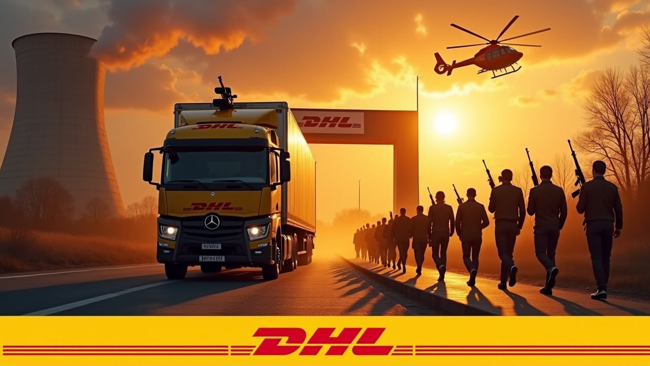 In a dramatic scene, a DHL delivery truck approaches the gates of a nuclear power plant, equipped with a machine gun turret. Men dressed as delivery personnel march in unison, holding rifles, creating an intense atmosphere. The sky is ablaze with a fiery sunset, casting an orange glow on the scene. Above, a DHL helicopter hovers, adding urgency to the setting. The bold DHL logo at the bottom ties the imagery to the company, showcasing a unique blend of logistics and defense themes.