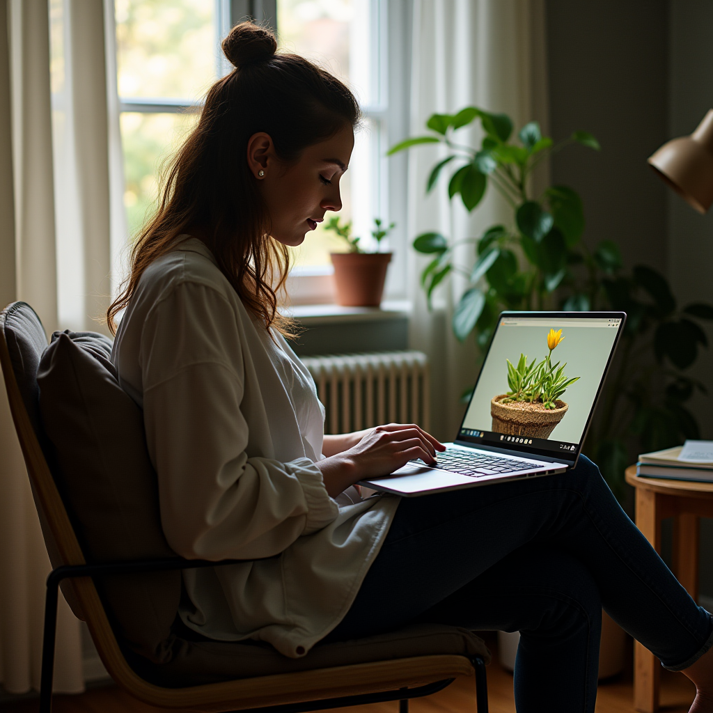 A woman working on a laptop indoors near a window with plants in the background.