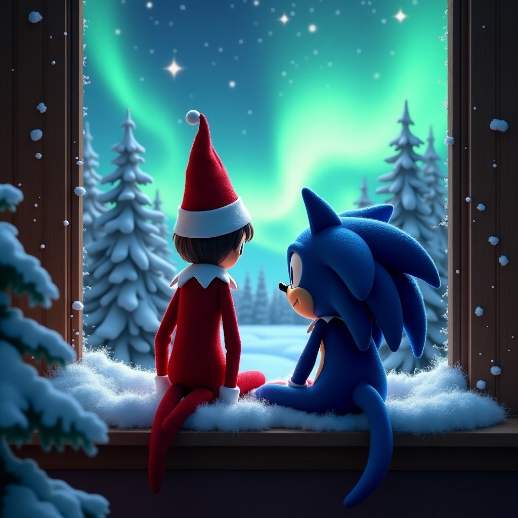 The image features an elf on the shelf sitting on a windowsill, with his back to the viewer. He is sitting beside Sonic, who also has his back to the viewer. The background depicts a captivating Christmas scene with vibrant northern lights illuminating the night sky. Pine trees covered in snow surround the setting, enhancing the holiday atmosphere. The elf's attire is festive, with a bright red outfit and fluffy white trim, embodying the spirit of Christmas.