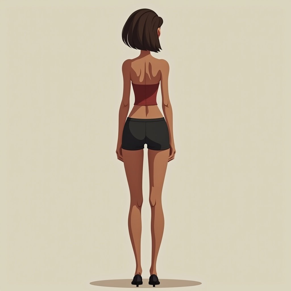 The image features a tall, thin woman viewed from the back. She has a narrow waist and her wide hips taper quickly. She stands in a confident pose, wearing a red top and black shorts. This character is stylized, with a simple and clean design. The background is a soft beige color, highlighting her silhouette for dramatic effect.