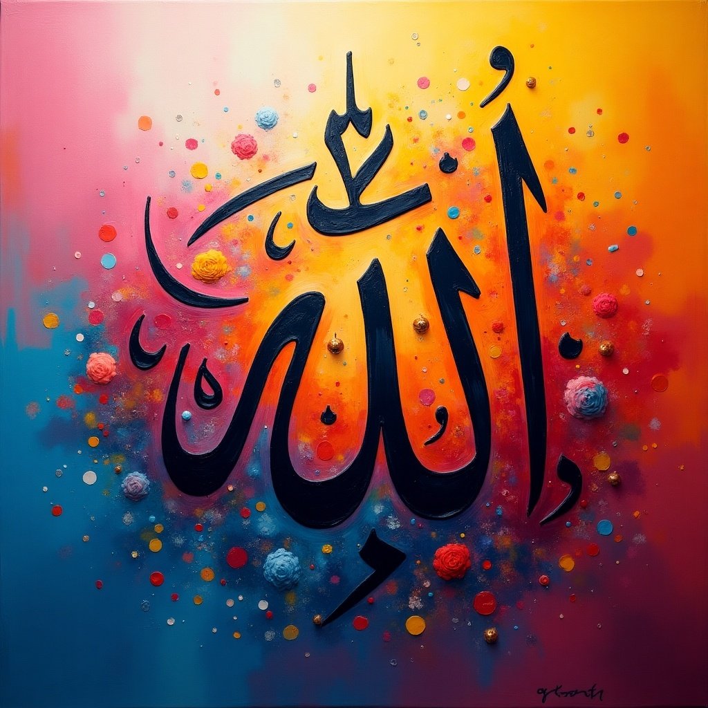 This painting features the name 'Allah' in beautiful Arabic calligraphy. The background is a vibrant and abstract composition of colors, blending hues of blue, orange, pink, and yellow. Artistic elements such as dots and textures enhance the visual depth. The calligraphy stands out prominently in dark tones against the colorful backdrop. This piece embodies the intersection of spirituality and artistic creativity, celebrating the beauty of Islamic art through its colorful, expressive style.