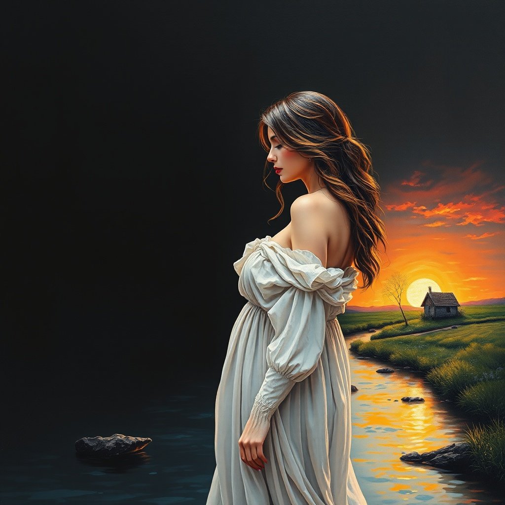 A woman in a flowing white dress stands pensively against a vibrant sunset backdrop, with a house and river in the distance.