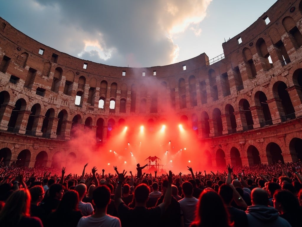 This image captures a breathtaking live performance by Avenged Sevenfold in the iconic Colosseum in Rome. A vibrant crowd is seen enthusiastically cheering with hands raised as the band plays on stage, enveloped in dramatic lighting. Red and orange hues illuminate the scene, enhancing the electric atmosphere of the concert. The historical significance of the Colosseum contrasts beautifully with the modern music event taking place. This photo encapsulates the fusion of ancient architecture with contemporary live music culture, making it a striking visual representation of entertainment in a historic setting.