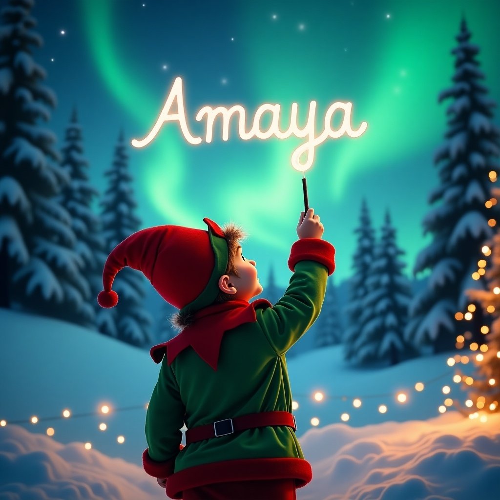 The scene captures a child dressed in a vibrant elf costume, standing with their back to the viewer. The child gazes upwards, using a wand to magically write the name 'Amaya' in soft glowing letters. Surrounding the child is a picturesque winter landscape, featuring stunning northern lights shimmering in the night sky. Snow-covered trees frame the scene, and twinkling lights are interspersed in the foreground, adding a cozy touch. Overall, the atmosphere is cheerful and enchanting, perfectly encapsulating the festive spirit of the holiday season.