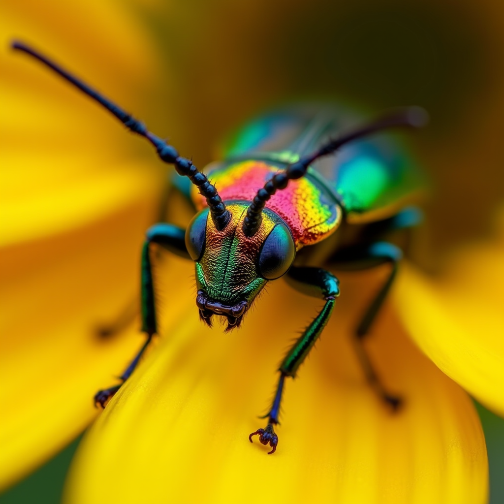 A vibrant beetle with rainbow colors perched on a bright yellow flower petal.