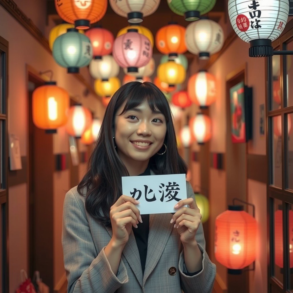 A woman happily holds a sign in a hallway decorated with colorful Japanese lanterns.