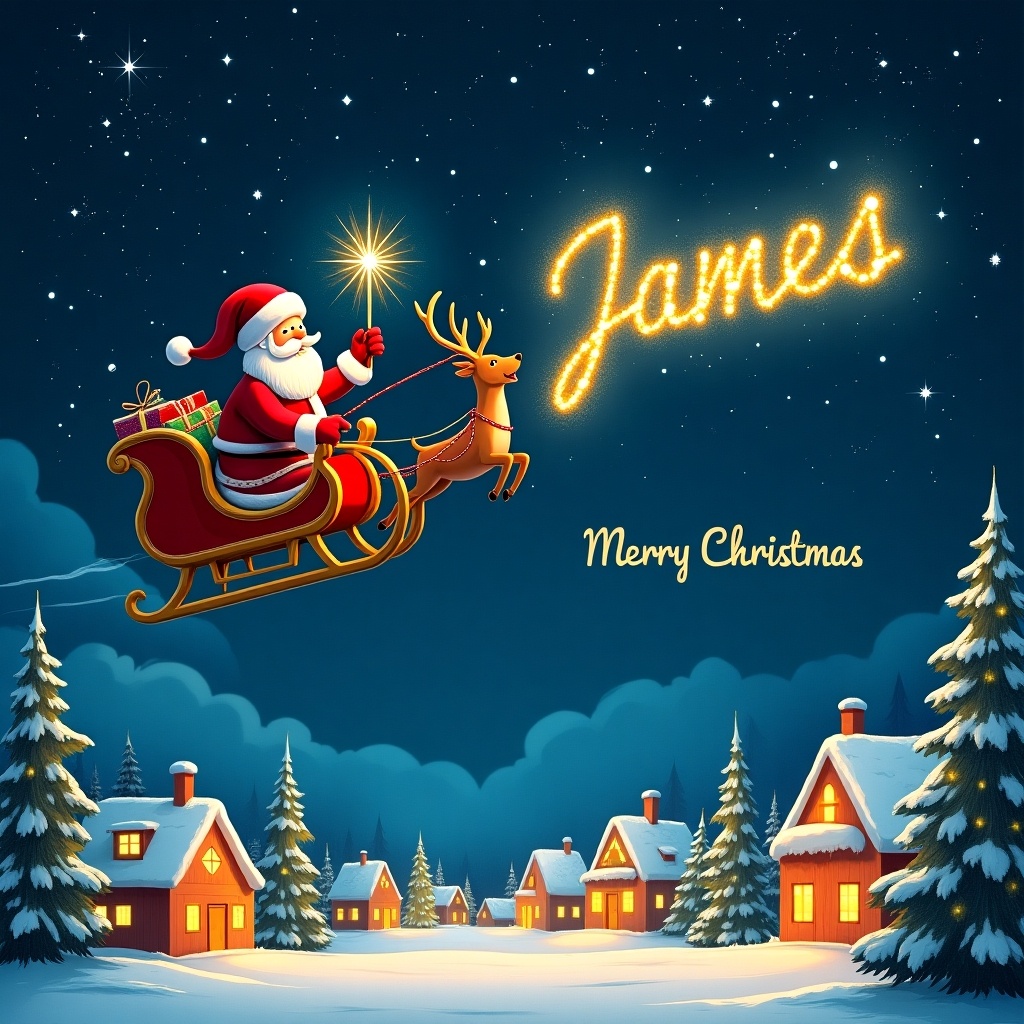 A magical Christmas card featuring Santa Claus flying through the starry night sky in his sleigh, pulled by reindeer. With a glowing wand, Santa is writing the name 'James' in golden sparkling letters across the dark sky. Below, a snow-covered town is adorned with twinkling lights and festive Christmas trees. The phrase 'Merry Christmas, James!' is elegantly scripted in the corner. The scene captures the spirit of the holidays with vibrant colors and enchanting details.