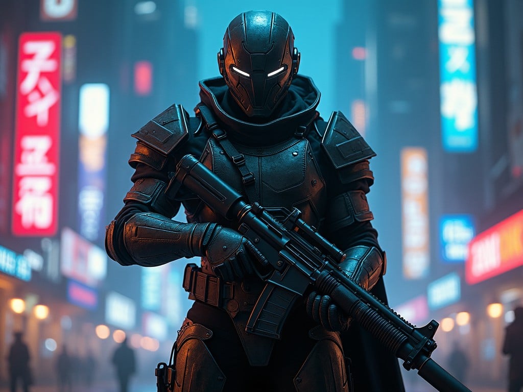 The image depicts a futuristic soldier in a cyberpunk setting. The character is wearing sleek, black armor and holding a rifle. Neon signs in the background create a vibrant cityscape. The atmosphere is moody and intense, highlighting the character's serious expression. This scene evokes feelings of action and adventure, set in a digitally enhanced world.