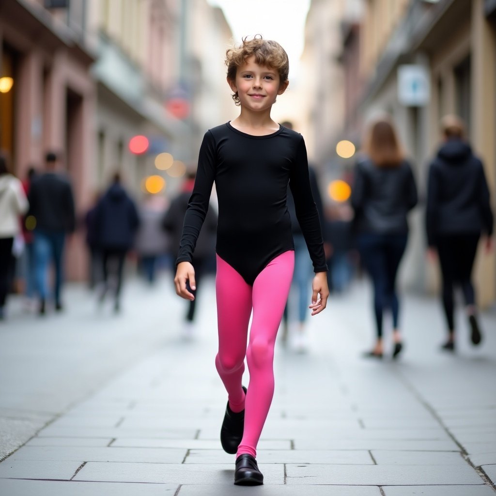 The image features a teenage boy confidently walking along a public sidewalk. He is dressed in a black long-sleeve leotard paired with bright pink tights, showcasing a playful sense of style. On his feet, he wears black two-inch heels that complement his outfit. The backdrop captures a bustling street atmosphere with blurred figures of people in the background. The scene is well-lit, highlighting the main subject and creating a vibrant, urban vibe.