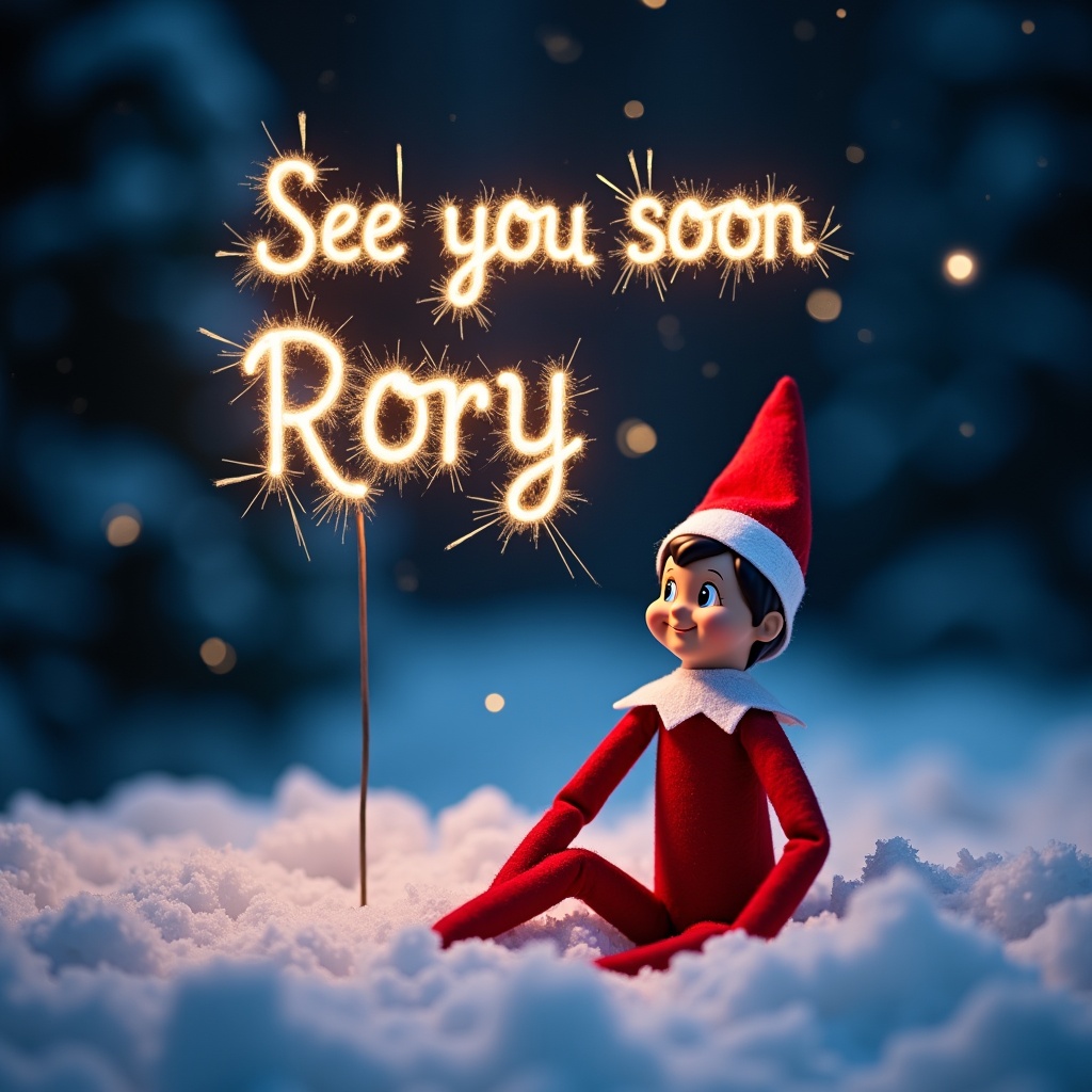 The image showcases an Elf on the Shelf character nestled in a snowy landscape during nighttime. The scene is bathed in magical lighting, highlighting the elf's cheerful expression. Above the elf, the phrase 'See you soon Rory' is crafted from bright sparklers, twinkling in the dark. The color palette features vibrant red and soft white colors, enhancing the overall festive feel. This enchanting setting evokes emotions of joy and anticipation for the upcoming Christmas season. The fluffy snow adds to the winter wonderland ambiance, making it perfect for holiday-themed designs.