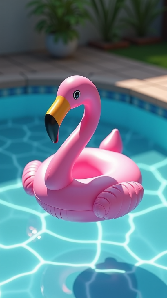 A pink flamingo-shaped pool float drifts in clear blue water, surrounded by tiled pool edges and lush plants.