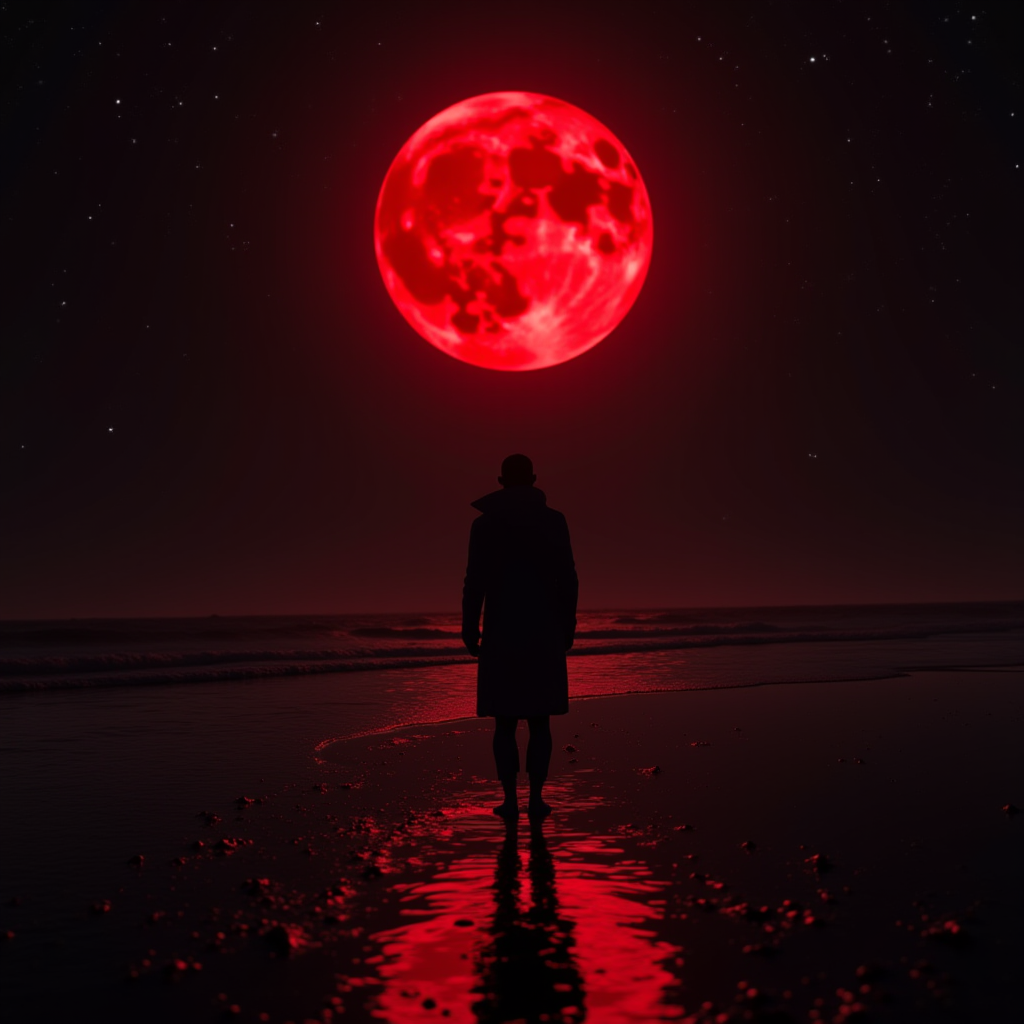 A solitary figure walks along a beach, silhouetted against a striking red full moon.