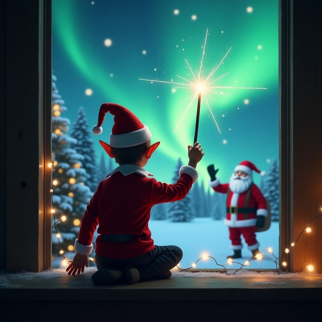 A charming Christmas scene featuring an elf on the shelf sitting with its back to the viewer. The elf is facing a magical sky, using a sparkling wand to write the word 'Hunter' in the air. In the background, vibrant northern lights illuminate a winter landscape, with Santa Claus waving cheerfully. The window frame is decorated with twinkling lights, creating a cozy atmosphere that captures the holiday spirit. Snow-covered trees complete this enchanting festive image, evoking warmth and joy.