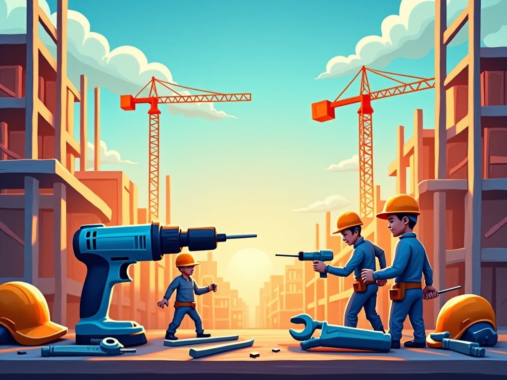 This image depicts a construction site with several workers actively engaged with tools. A large power drill dominates the foreground, symbolizing the theme of construction. In the background, construction cranes and uncompleted buildings create a dynamic urban landscape. The workers, dressed in safety gear, are collaborating with various hand and power tools, showcasing teamwork and craftsmanship. The lighting suggests either dawn or dusk, enhancing the colors and creating a vibrant atmosphere.