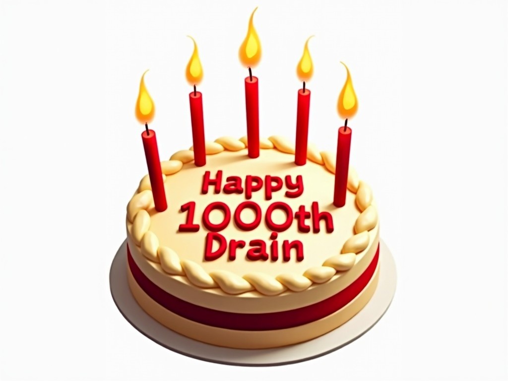 The image showcases a beautiful birthday cake, specifically designed to celebrate a remarkable milestone of 1000. The cake is topped with five vibrant red candles, each flickering with a warm flame. It features a rich cream frosting and striking red lettering that reads 'Happy 1000th Drain.' The backdrop is a plain white, emphasizing the cake's elegant design. This cake captures the essence of a joyful celebration, making it perfect for any milestone occasion.