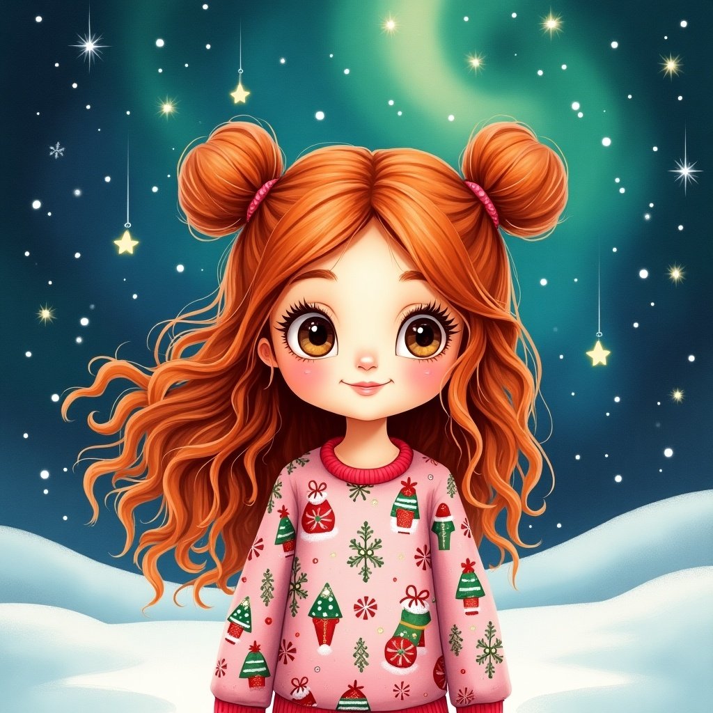 This image features an enchanting Christmas scene with a 5-year-old girl who has long, curly red hair styled in two playful buns. She is wearing cozy pajamas adorned with festive Christmas patterns in pink, green, and red. The backdrop showcases vibrant northern lights, creating a magical holiday atmosphere. The girl’s big brown eyes and round cheeks add to her adorable appearance, capturing the essence of holiday joy and wonder. Snow gently blankets the ground around her, enhancing the festive vibe of this charming winter wonderland scene.