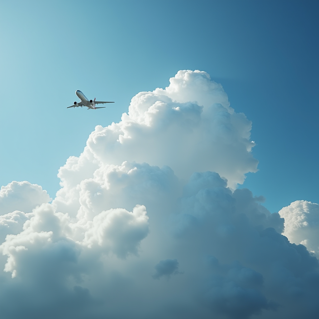 An airplane flying above a towering cumulus cloud against a clear blue sky.