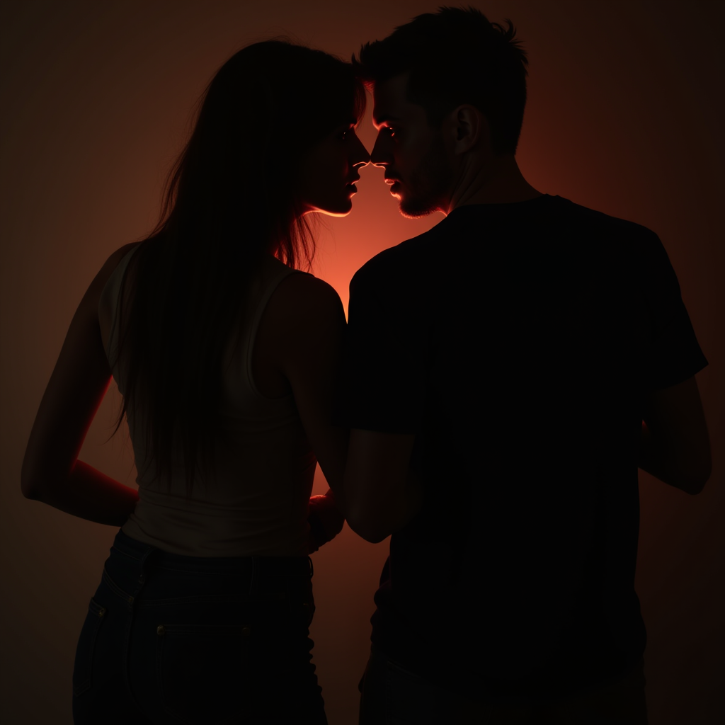 A silhouette of a couple facing each other with a warm, glowing light behind them.