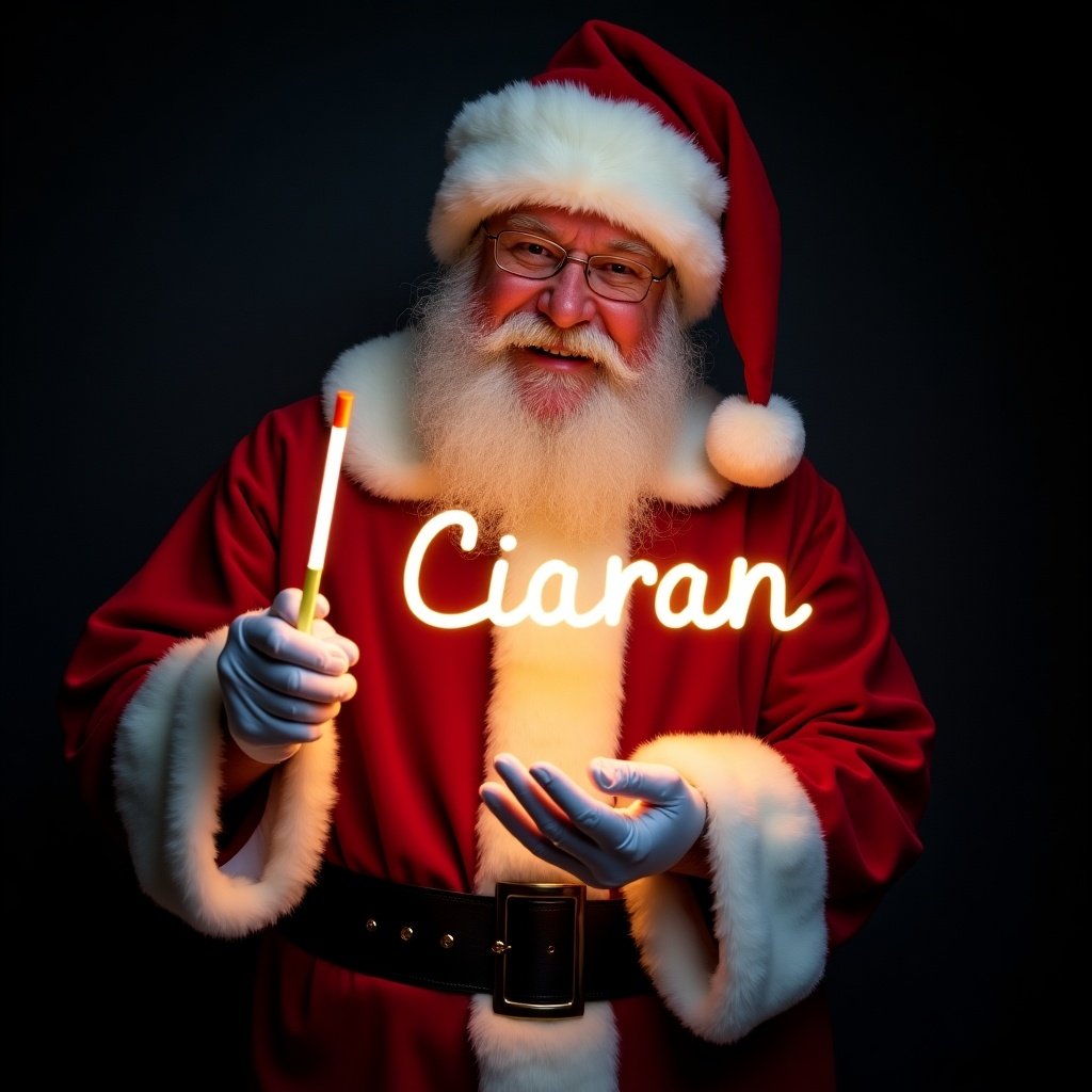 This image features Santa Claus wearing his traditional red and white suit. He is holding a glow stick that forms the name 'Ciaran' in bright light. Santa's expression is jolly, exuding warmth and holiday cheer. The background is dark, enhancing the glow of the text. This festive scene captures the magic of Christmas and the joy of the season.