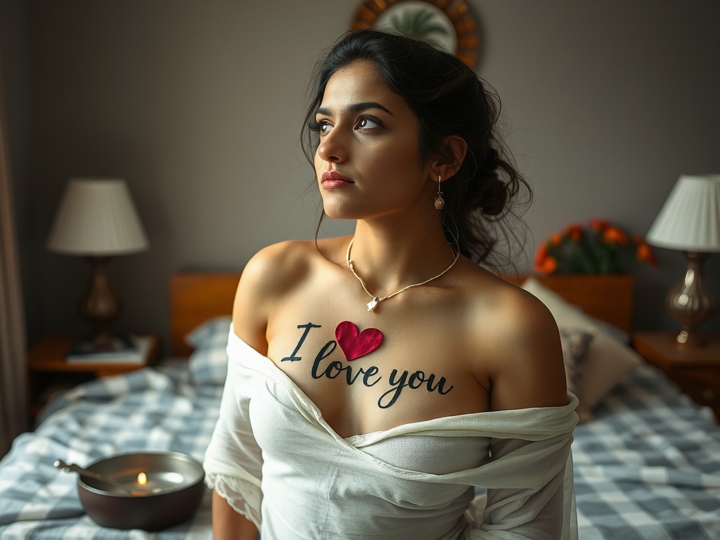 A woman with 'I love you' painted on her chest stands thoughtfully in a softly lit room.