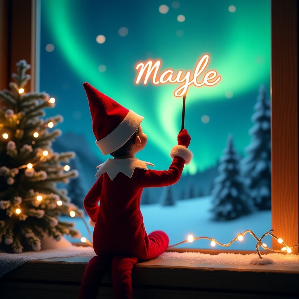 An enchanting Christmas scene featuring an elf on the shelf, who is facing the sky with his back to the viewer. The elf is dressed in a red and white outfit, holding a magic wand. Above him, the wand writes 'Mayle' in a glowing script. The backdrop is adorned with vibrant northern lights, creating a magical ambiance. A festive Christmas tree is nearby, adding to the holiday spirit. The scene captures the wonder and excitement of Christmas, making it a joyful depiction of the season.