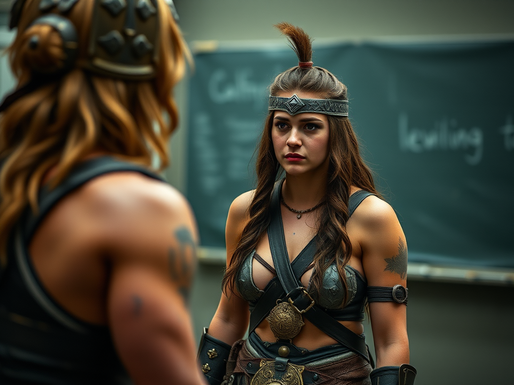 The image depicts two individuals dressed in warrior-like attire standing in what appears to be a classroom setting. The person facing the camera is wearing a detailed leather and metal armor ensemble, with a headband featuring a central decorative piece. Her long hair is styled with a top knot, and she has a serious expression. She wears arm bracelets and has a tattoo visible on her left shoulder. 

In the background, there's a blackboard with partially visible writing, suggesting a mix of an educational and historical or fantasy setting. The blurred figure in the foreground, likely facing the main subject, is also in similar warrior attire, with a helmet that has decorative patterns and long hair cascading from beneath it. The contrast between their attire and the modern classroom setting creates an intriguing juxtaposition of historical or fantasy elements with a contemporary educational environment.