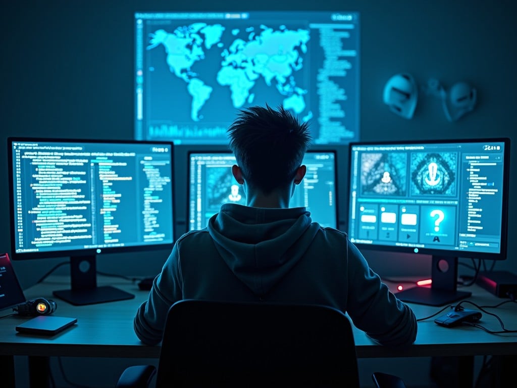 The image shows a person seated at a desk with three glowing monitors displaying various lines of code and world maps. The individual appears focused and engaged, with their back turned to the viewer. The room is dimly lit, enhancing the glow of the screens. Above, a large projection of a world map is visible, emphasizing a global approach. The overall mood suggests a high-tech work environment, perhaps in cybersecurity or data analysis.