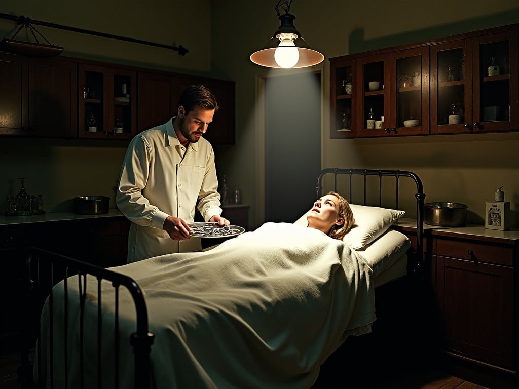 A doctor examining an X-ray next to a patient in a dimly lit hospital room.