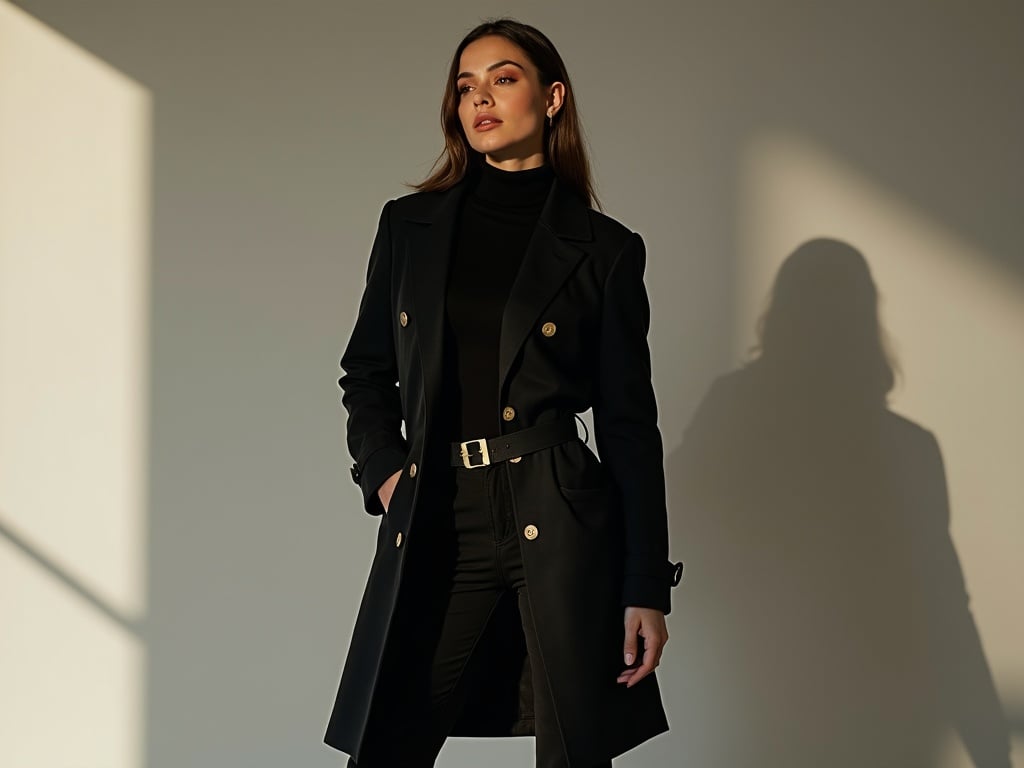 The image features a confident model standing elegantly in a chic black coat. She has a sophisticated look with her hair down, styled neatly. The backdrop is a soft light beige tone, enhancing the outfit's color. The coat has gold buttons and a belt that cinches at the waist. Natural shadows are cast, creating depth in the composition. The overall vibe exudes modern elegance and fashion-forward thinking.