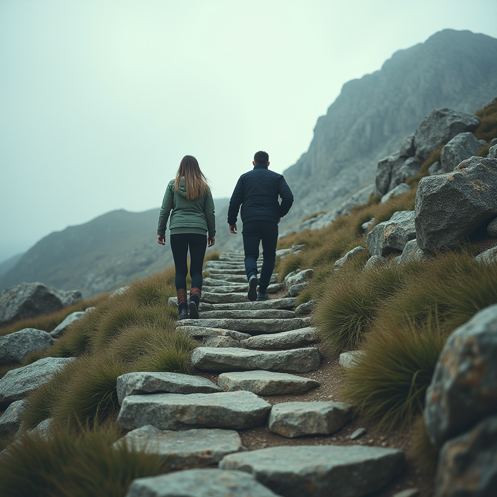 Two people are ascending a stone pathway on a misty mountain, surrounded by rugged terrain and tufts of grass.