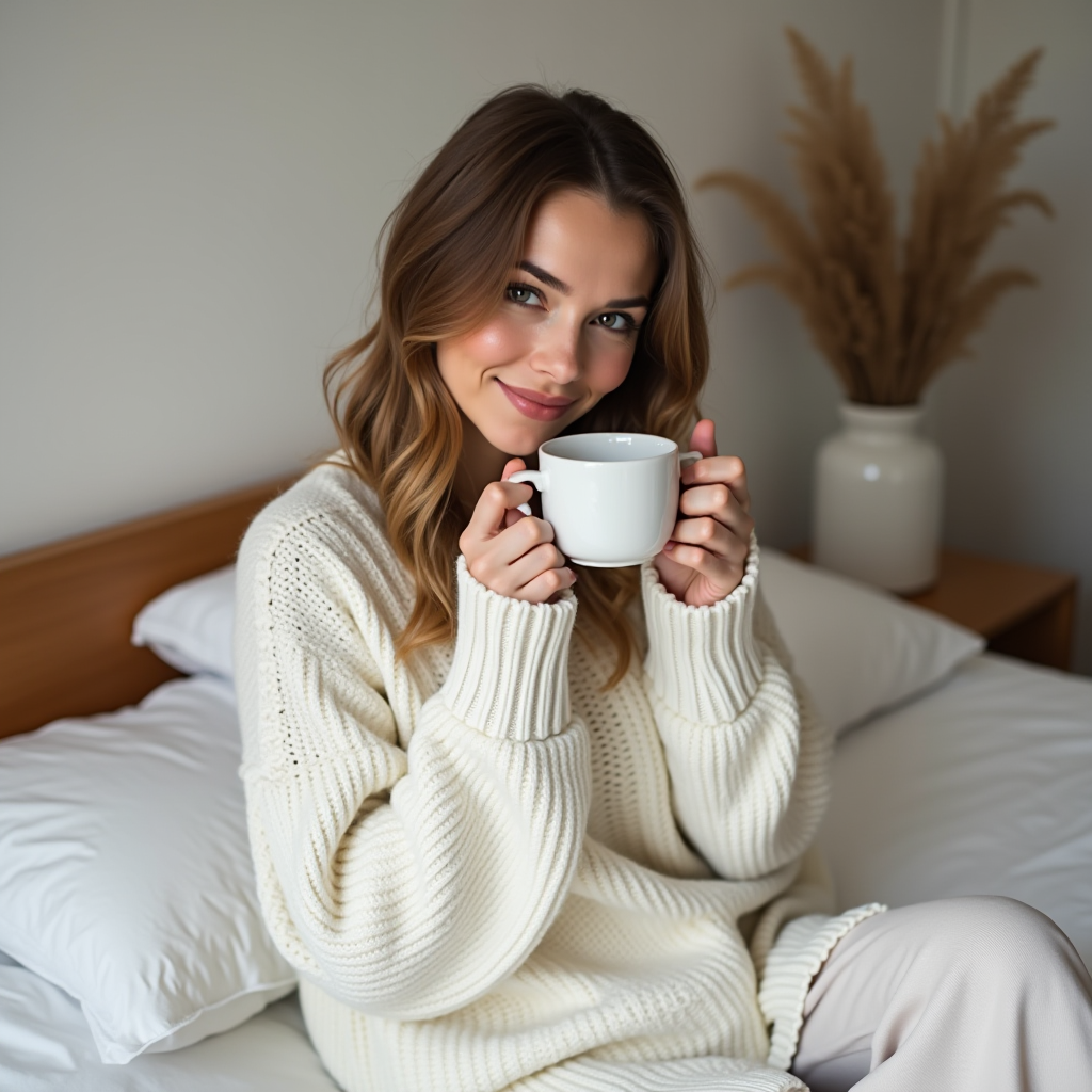 A person in a white sweater enjoys a cup of coffee on a comfy bed.