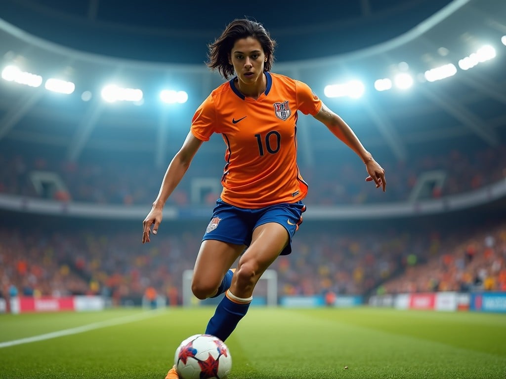 A dynamic scene featuring a female soccer player in an orange jersey with number 10. She is in action, sprinting towards the ball on a lush green soccer field. The stadium lights illuminate her focus and determination. The crowd is blurred in the background, enhancing the atmosphere of a competitive match. The image conveys speed and agility, capturing the essence of women's soccer.