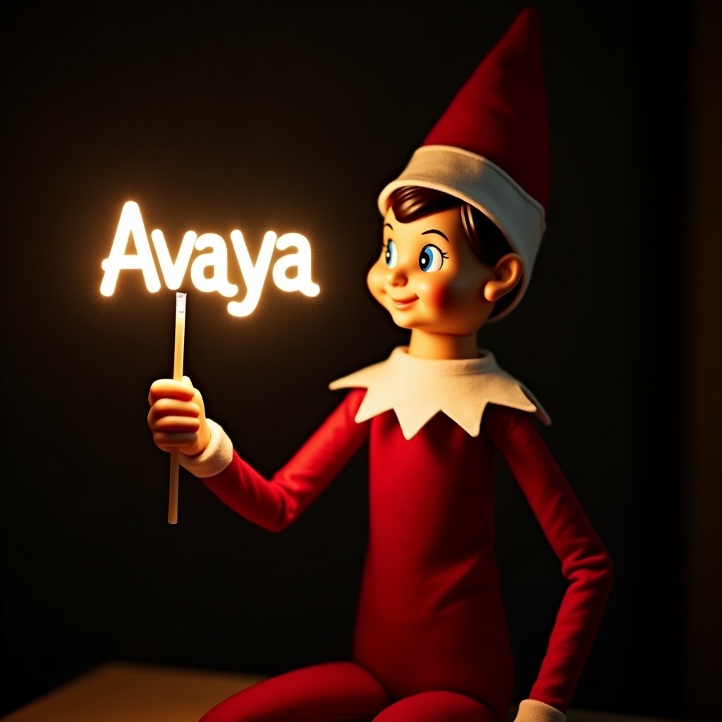 This image features an elf on the shelf character, dressed in traditional red and white attire. The elf is holding a glow stick that forms the name Avaya in bright, soft light. The background is dark, which enhances the glowing effect of the text. It creates a warm, festive atmosphere, embodying the joy of the holiday season. The scene evokes feelings of magic and cheer associated with Christmas celebrations.