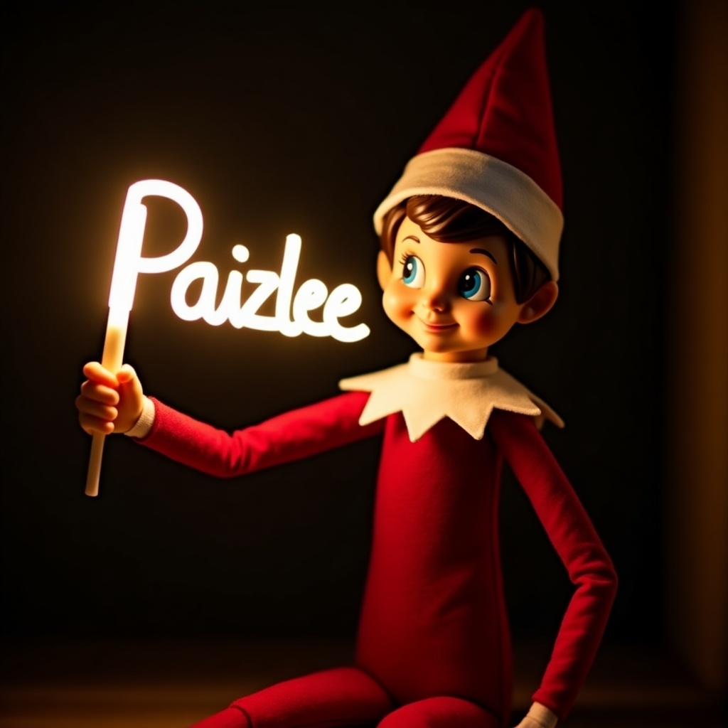 This image features a cheerful elf on the shelf character, adorned in classic red and white clothing, embodying the spirit of Christmas. The elf is joyfully holding a glowing stick that spells out the name 'Paizlee', casting a warm light in an otherwise dark setting. The contrast of the glowing text against the dark background adds a festive charm to the scene. This enchanting atmosphere evokes feelings of magic and delight that are synonymous with the holiday season. It is perfect for capturing the essence of holiday joy and celebrating Christmas traditions.