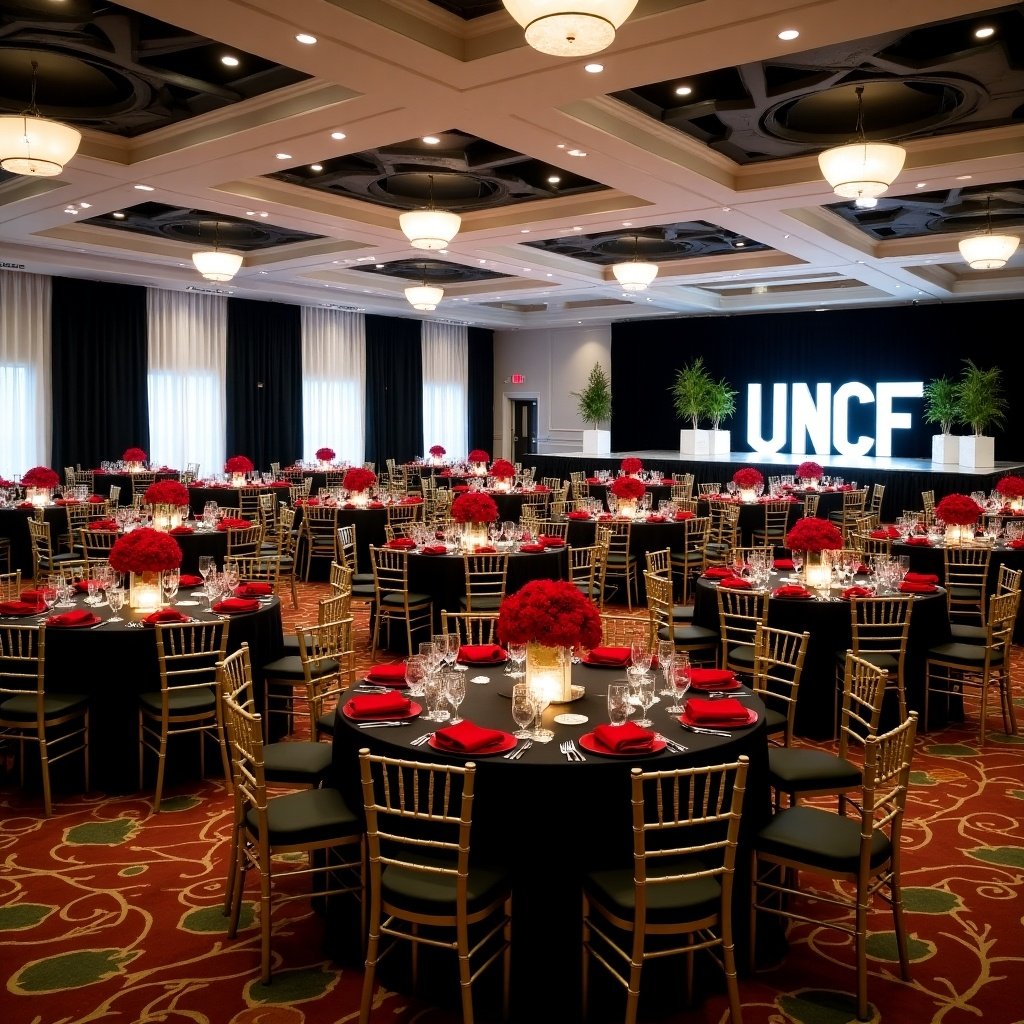 The image showcases an elegant banquet room set for a large event. It features 50 round tables adorned with black linens and vibrant red napkins. Each table is complemented by striking red rose centerpieces, creating a sophisticated atmosphere. The gold chiavari chairs add a touch of luxury. Black and white photographs of African American graduates are displayed on the black curtains, enhancing the theme of celebration and achievement. A stage with five-foot UNCF light-up letters serves as a focal point, surrounded by full drapes on the ceiling and twelve-foot trees adding greenery to the decor. UNCF ice sculptures are strategically placed, elevating the overall elegance of the event setting.