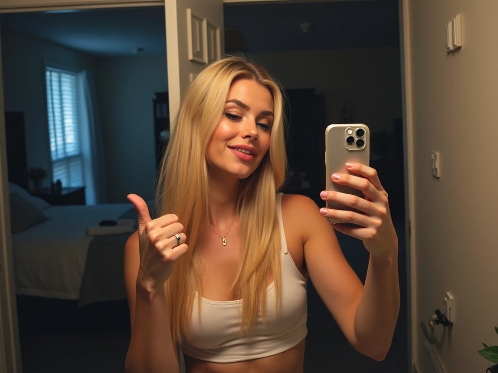 A young woman takes a selfie in her bathroom at night, wearing the same makeup as before. She has long, straight blonde hair and is giving a thumbs-up gesture with one hand, holding her phone up towards a light source. The bathroom has a simple design, and an open door reveals the dark bedroom behind her, adding depth to the scene. The lighting casts a soft glow on her face, accentuating her features. The overall ambiance is casual and playful, reflecting a moment of fun and confidence.