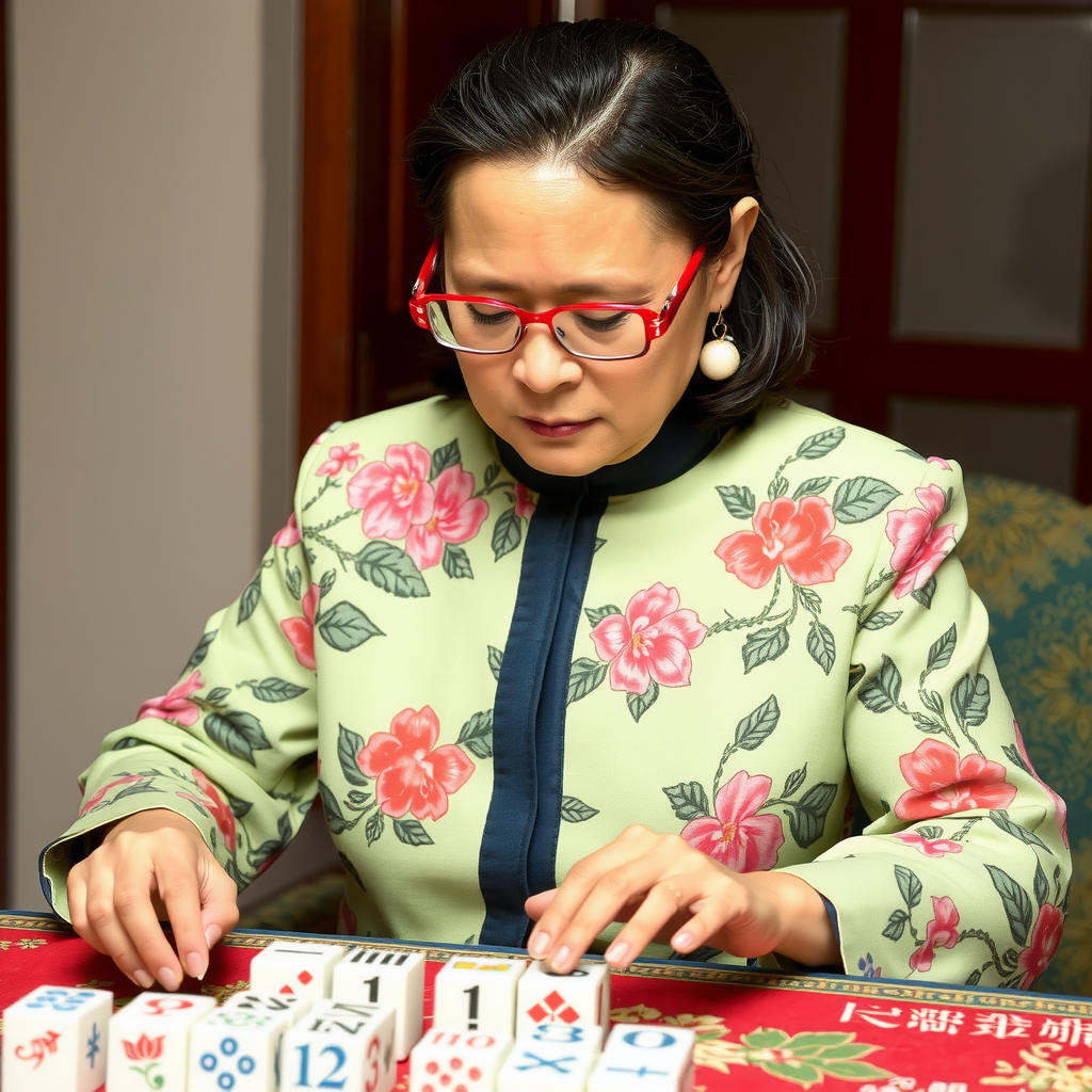 A woman with red glasses is deeply focused while arranging rectangular tiles on a game table.